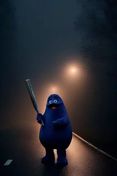<lora:PE_Grimace:0.8> Grimace,
standing on a road in the middle of the night, dark road,( holding a baseball bat),
heavy rain,trees on the side of the road,creep dark atmosphere, cinematic lighting,