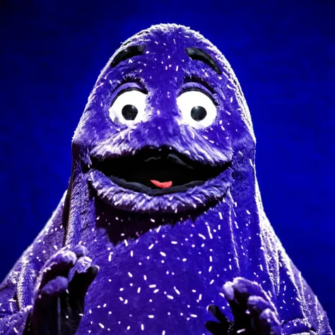 Portrait photo of Grimace with blacklight makeup in the dark, photograph, soft lighting, hyper detailed, glowing eyes <lora:blacklight_makeup_v1:1> <lora:PE_Grimace:1>