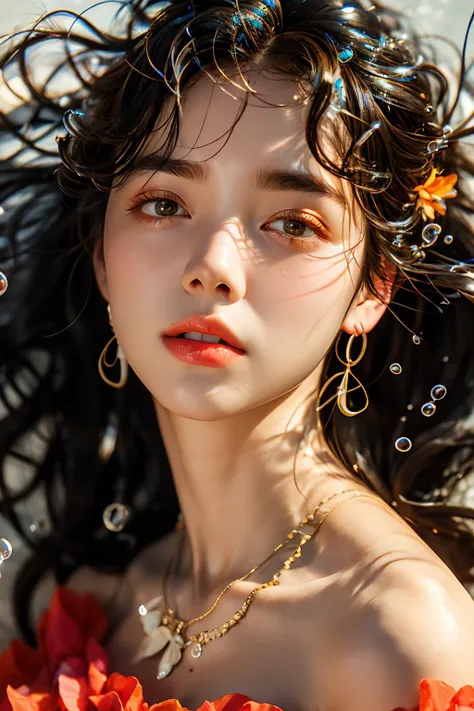 <lora:æ¼äº®ç·å©:0.7>,a woman with a necklace and a necklace on her neck and a flower in her hair,with bubbles floating over her head,real skin,