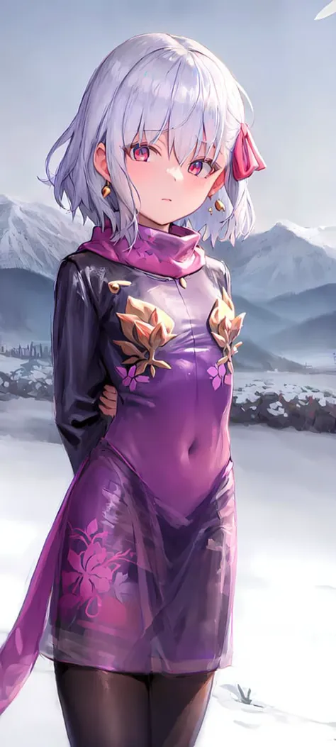 kama \(fate\), kamaloli, kamacostume, short hair, scarf, masterpiece, best quality, 1girl, outdoors, snowy mountain, <lora:kamaa:0.8>, looking at viewer, arms behind back