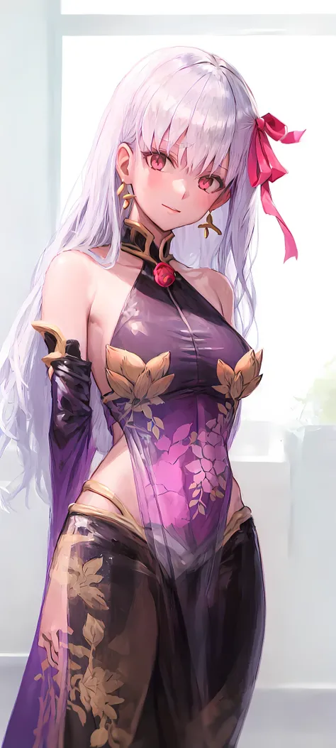 kama \(fate\), kamaadult, kamacostume, long hair, big boobs, masterpiece, best quality, 1girl, <lora:kamaa:0.9>, looking at viewer, arms behind back