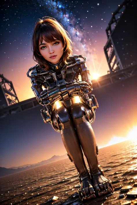 ((view from bottom):1.2) explosions in the background, night sky, (Sitting on a chair with legs bent and feet flat on the floor, with hands resting on knees:1.2) (Realisitc:1.5) woman terminator, gigantic breasts, big ass, <lora:EdobTerminatorHybridFemale_v1.0:0.6>