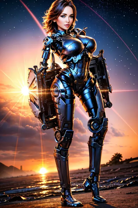 ((view from left side):1.2) explosions in the background, night sky, (Standing with arms crossed over chest and one leg bent:1.2) (Realisitc:1.5) woman terminator, gigantic breasts, big ass, <lora:EdobTerminatorHybridFemale_v1.0:0.6>