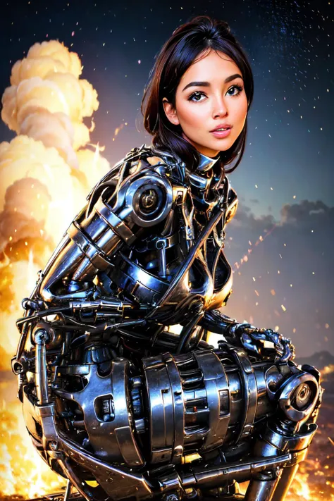 ((view from right side):1.2) explosions in the background, night sky, (Sitting with legs stretched out in front:1.2) (Realisitc:1.5) woman terminator, gigantic breasts, big ass, <lora:EdobTerminatorHybridFemale_v1.0:0.8>
