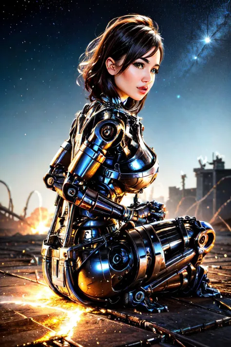 ((view from right side):1.2) explosions in the background, night sky, (Seated on the floor with legs crossed, with hands clasped behind back:1.2) (Realisitc:1.5) woman terminator, gigantic breasts, big ass, <lora:EdobTerminatorHybridFemale_v1.0:0.8>