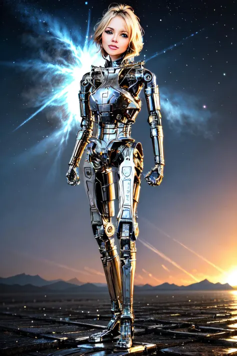 ((view from front):1.2) explosions in the background, night sky, (Standing with one foot forward and hands clasped in front:1.2) (Realisitc:1.5) woman terminator, gigantic breasts, big ass, <lora:EdobTerminatorHybridFemale_v1.0:0.8>