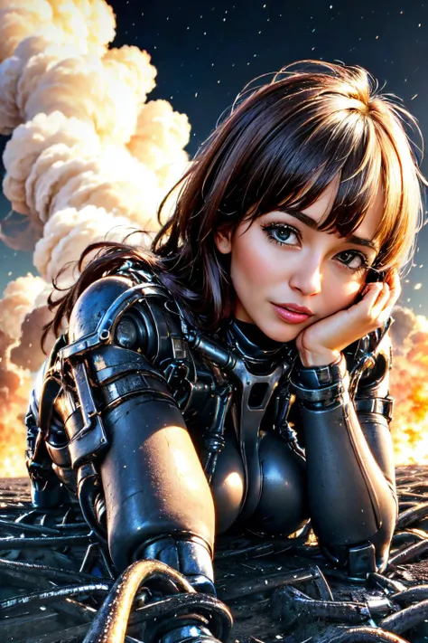 ((view from bottom):1.2) explosions in the background, night sky, (Lying on stomach with hands propping up head:1.2) (Realisitc:1.5) woman terminator, gigantic breasts, big ass, <lora:EdobTerminatorHybridFemale_v1.0:0.8>