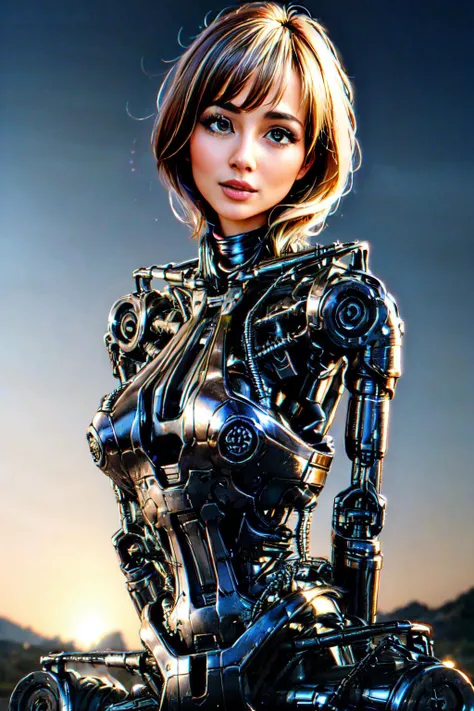 explosions in the background, night sky, (Realisitc:1.5) woman terminator, big breasts, closeup, <lora:EdobTerminatorHybridFemale_v1.0:0.8>