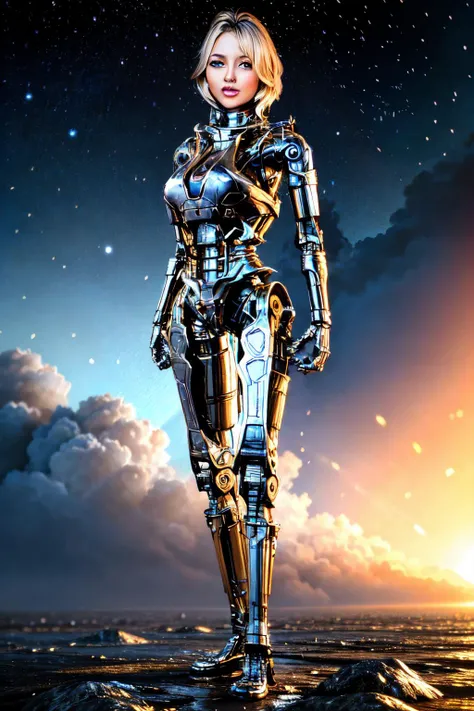explosions in the background, night sky, full body shot (Realisitc:1.5) woman terminator, big breasts, <lora:EdobTerminatorHybridFemale_v1.0:0.8>