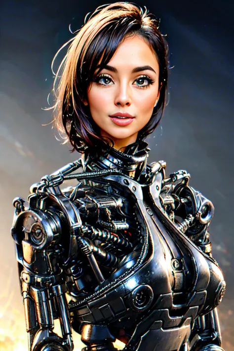 explosions in the background, night sky, (Realisitc:1.5) woman terminator, big breasts, closeup, <lora:EdobTerminatorHybridFemale_v1.0:0.8>