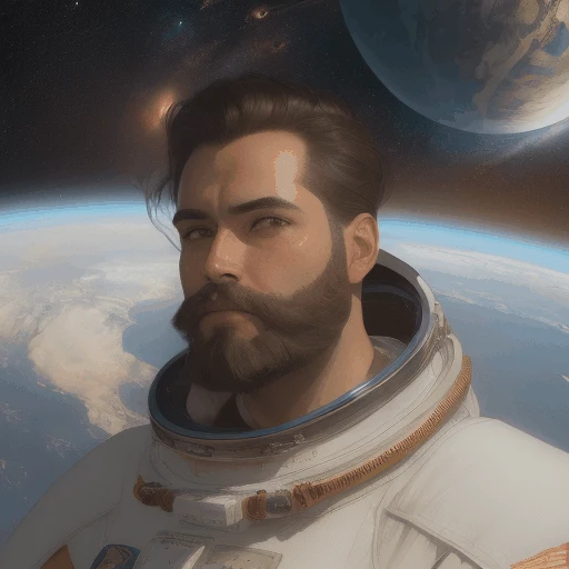 (portrait of a man:1.1), astronaut, beard, looking at planet earth in space, space in background, stunning, highly detailed, digital painting, artstation, smooth, hard focus, illustration, art by artgerm and greg rutkowski and alphonse mucha