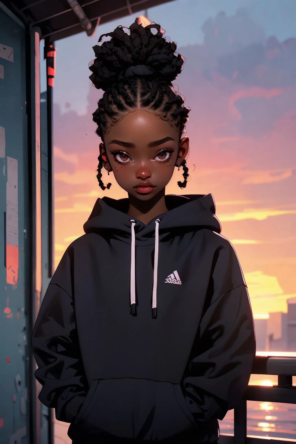 1girl closeup, dark skin, black girl, black eyes, sunset, lofi ambience, black sweatshirt <lora:detailed_eye-10:0.7> <lora:africandreadlocks:0.7>
