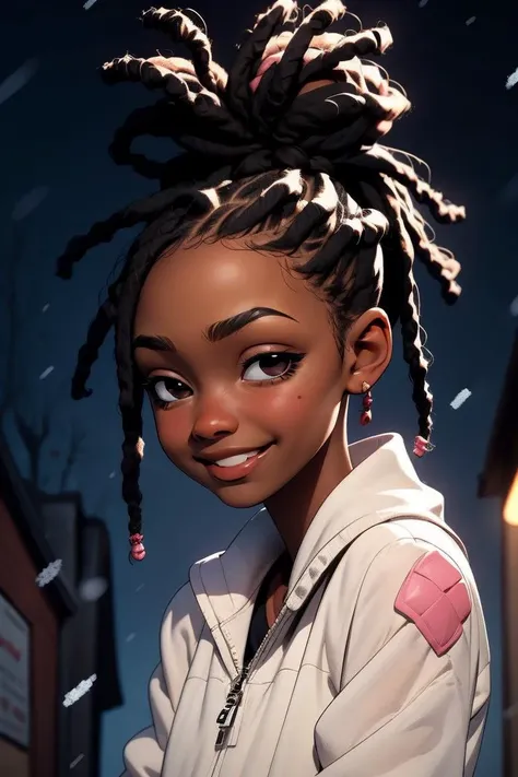 solo, 1girl, dark skin, afro girl, black eyes, closeup, white outfit, small cute smile, perfect eyes, black hair, flushed face, winter, rtx lighting, dreadlocks <lora:eyes-half-closed eyes:1> <lora:africandreadlocks:0.8>
