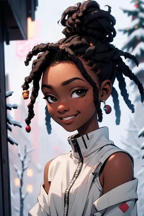 solo, 1girl, dark skin, afro girl, black eyes, closeup, white outfit, small cute smile, perfect eyes, black hair, flushed face, winter, rtx lighting, dreadlocks <lora:eyes-half-closed eyes:1> <lora:africandreadlocks:0.8>