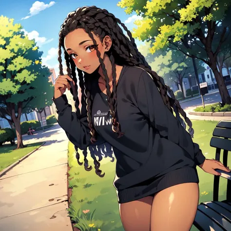 ((best quality)), ((highly detailed)), masterpiece, , (1girl), dynamic pose, cowboy shot, (((very wide shot))), ((dark skin, dark-skinned female, ebony)):1.2, dark brown hair, <lora:africandreadlocks:.6>, dreadlocks, (very curly hair), long hair, brown eyes, (outside, in a park, trees, path, park bench, afternoon)