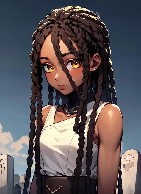 ((best quality)), ((highly detailed)), absurdres, extremely detailed face, beautiful face, (detailed eyes, deep eyes), (1girl), dynamic pose, upper body, ((dark skin, dark-skinned female, ebony)):1.2, dark brown hair, <lora:africandreadlocks:.6>, dreadlocks, medium hair, amber yellow eyes, (outdoors, at a graveyard, midday)