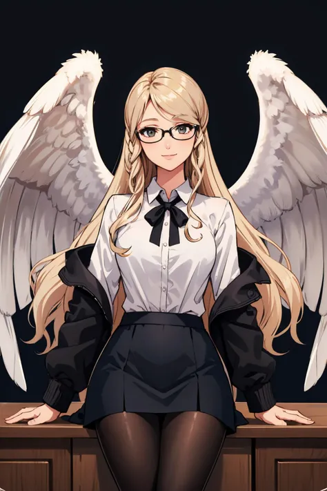<lora:leanne-nvwls-v1-final:0.8> leanne, wings, white wings, black jacket, white shirt, black tie, black miniskirt, black pantyhose, glasses
beautiful, masterpiece, best quality, office, looking at viewer, smile