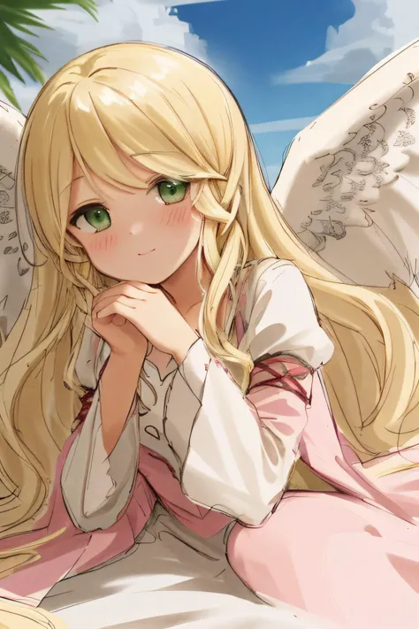 ultra detailed, sharp focus, best quality, masterpiece, colorful, 1 girl, blonde hair, green eyes, lying down, hands on chin, POV, looking at the viewer, cloud background, heavy blush, <lora:leanne-nvwls-v1:1> leanne, wings, long white dress, pink trim, best quality, masterpiece, pencil sketch,