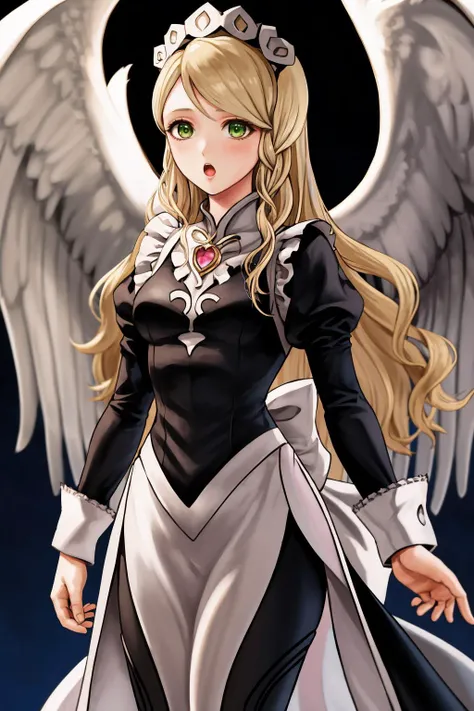masterpiece, best quality, 1girl, solo, standing, <lora:leanne-nvwls-v1-final:1> leanne, wings, long white dress, pink trim, <lora:FEFatesMaid_v1:1> fates maid, maid headdress, :o