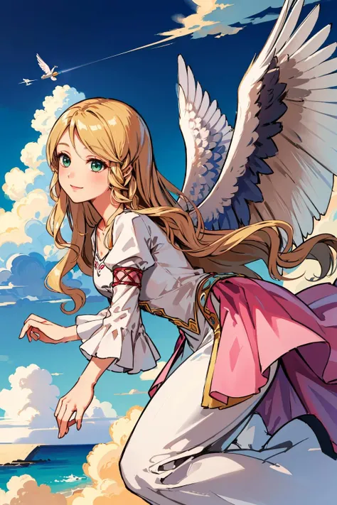 masterpiece, best quality, leanne, wings, long white dress, pink trim, (flying:1.4), from side, sky, clouds, smile <lora:leanne-nvwls-v1-000011:0.9>
