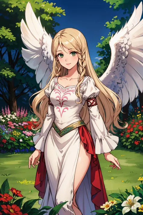 masterpiece, best quality, leanne, wings, long white dress, pink trim, cowboy shot, smile, standing, garden, looking at viewer, flowers <lora:leanne-nvwls-v1-000011:0.9>