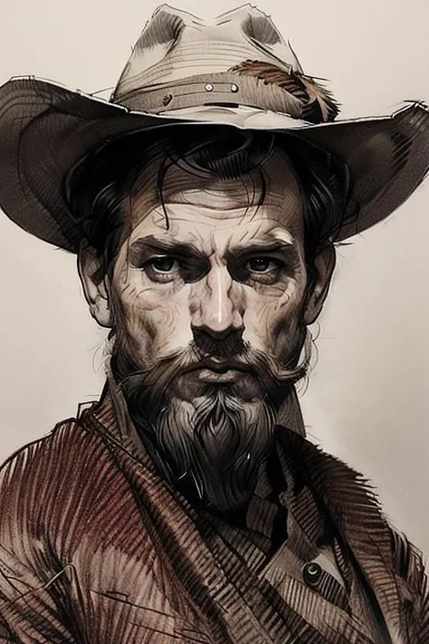 a painting of a man with a hat and a beard, a photorealistic painting by Mort Knstler, cgsociety, figurative art, style of james gurney, portrait of a rugged ranger, portrait of rugged male ranger