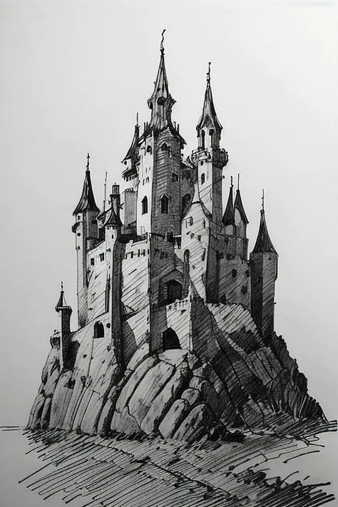 pencil drawing of a huge castle on the seashore with a dragon on the roof