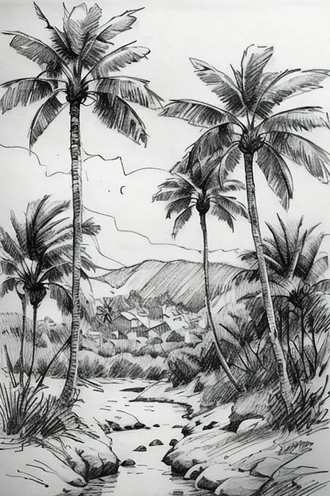 pencil drawing of the seashore with palm trees