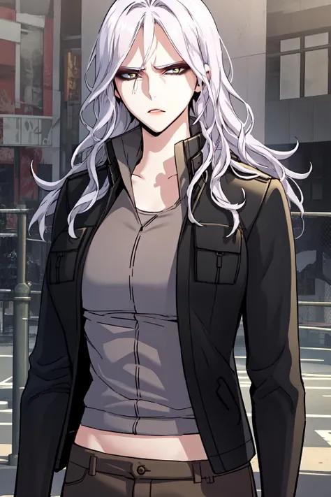 masterpiece, best quality, absurdres, perfect anatomy, beautiful background, beautiful face, beautiful eyes, beautiful body, upper body, 005, 1girl, solo, long hair, shirt, long sleeves, jacket, open clothes, pants, open jacket, black jacket, pocket, brown pants  Leaning on an invisible fence, <lora:005_Maya:0.85>