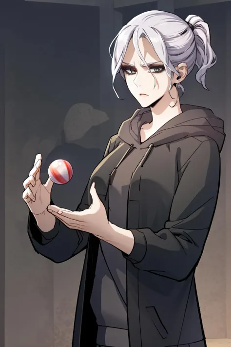 masterpiece, best quality, absurdres, perfect anatomy, beautiful background, beautiful face, beautiful eyes, beautiful body, upper body, 005, 1girl, solo, ponytail, white hair, hood, grey eyes, hoodie, hood down, hair behind ear, black hoodie Standing and pretending to juggle invisible balls, <lora:005_Maya:0.85>