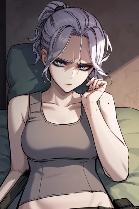 masterpiece, best quality, absurdres, perfect anatomy, beautiful background, beautiful face, beautiful eyes, beautiful body, upper body, 005, 1girl, solo, navel, ponytail, sleeveless, midriff, tank top, collarbone, cargo pants, army boots, Lying on the stomach, pretending to doodle in a diary, <lora:005_Maya:0.85>