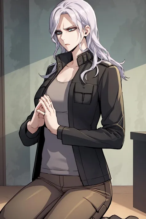 (, 8K, 4k, Masterpiece, hyperextreme detail:1.2),((1 girl)), Best quality, Expressive eyes, perfect face, 1 girl, portrait, One, female, mature woman, adult, pale skin, black nails, White skin, black ribbon, Red eyes, Irritated, torn clothes, armor, torn clothes, (tight work white tank top), , combed bangs, side bangs, грязные hair, длинные hair, hair, covering the forehead, Ideal ???????, anatomically correct, look forward to, Forward view, Expressive eyes, преRed eyes, Quanxi,whole body,, covered medium breast, , One, Leaning back, window background, BlackOutfit,perspective,(fright, surprise face) ,((press against the cockpit glass)),((press your chest against the glass)),(((fell on the glass))),(((press your face to the glass:1.2)))