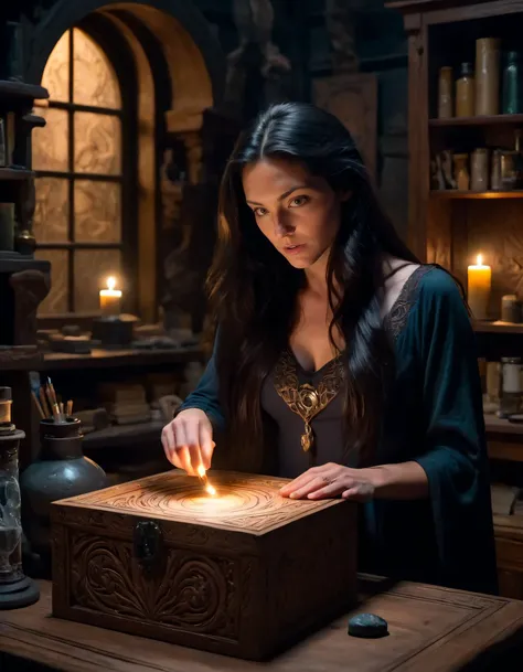 Masterpiece (wide angle shot) , sorceress crafting an incantation, (creating a little magic world in a box:1.6), standing on an old carved table in a mage laboratory. (night ambiance:1.6), dark brooding magic look, fantastic view. swirling ink. Amidst the shadows of a moonlit night, Nikki Delventhal, with her long black hair framing brown eyes and an enchanting dark brooding magic look, stood tall upon an ancient carved table in her secret mage laboratory. As she focused intently on her spellcraft, swirling ink manifested into an otherworldly view of a masterpiece - creating a little magic world in a box:1.6. The vivid scene was captured by a wide-angle shot, highlighting the fantastic view and rich night ambiance that filled every corner of the laboratory with wonder and intrigue. <lora:msxwli18e0188b2ady285:1>