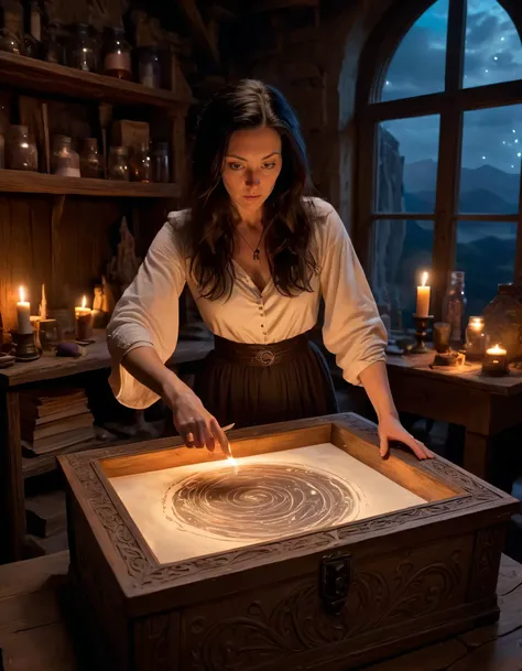 Masterpiece (wide angle shot) , sorceress crafting an incantation, (creating a little magic world in a box:1.6), standing on an old carved table in a mage laboratory. (night ambiance:1.6), dark brooding magic look, fantastic view. swirling ink. Nikki Delventhal, with her dark brooding magic look and black hair framing her brown eyes, stood on the weathered old carved table in her enchanting mage laboratory, creating a masterpiece as she crafted an incantation while swirling ink against the fantastic view of a little magic world in a box, illuminated by the night ambiance, all captured in a wide angle shot that encapsulated every detail, making it seem like a work of art that came to life. <lora:msxwli18e0188b2ady285:1>