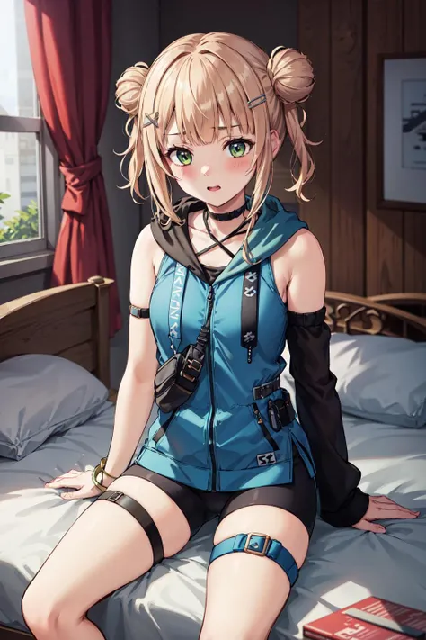 masterpiece,best quality,highres,ultra-detailed,aaroco,double bun,bangs,hairclip,black choker,criss-cross halter,sleeveless hoodie,fanny pack,detached sleeves,bike shorts,bracelet,thigh strap,blue socks,<lora:kaburaki_roco:0.6>,indoors,bed,sitting,blush,embarrass,