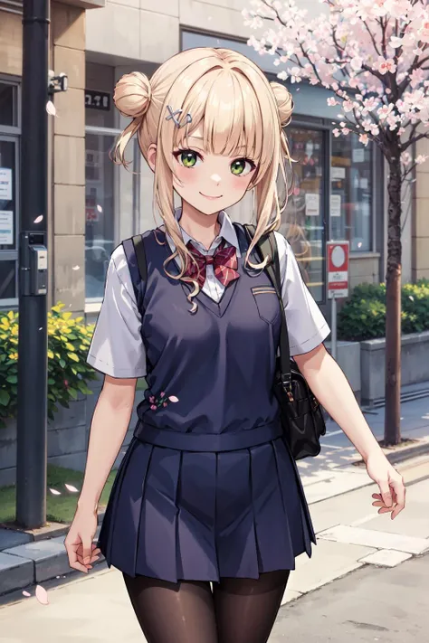 masterpiece,best quality,highres,ultra-detailed,aaroco,double bun,bangs,hairclip,<lora:kaburaki_roco:0.6>,pantyhose,outdoors,cherry blossoms,street,smile,(school uniform:1.2),sweater vest,