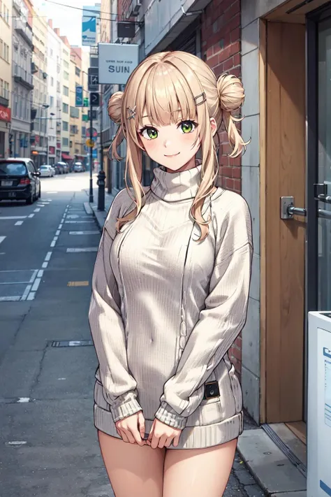 masterpiece,best quality,highres,ultra-detailed,aaroco,double bun,bangs,hairclip,<lora:kaburaki_roco:0.6>,(sweater:1.4),turtleneck,street,smile,standing,