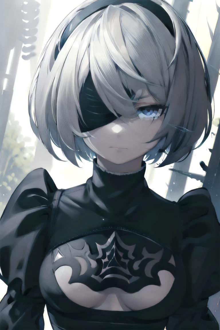 (8k, best quality, masterpiece:1.2), (ultra-detailed), (high quality:1.3), (high resolution), detailed hair, ((dramatic lighting)), sharp focus, no blindfold, medium breasts, hair over one eye, <lyco:2b:0.75>, yorha no. 2 type b, 1girl, solo, black dress, closed mouth, emotionless, expressionless, outdoors, sharp eyes, <lora:sharp_eyes:0.8>