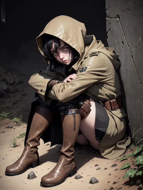 <lora:sharp_eyes:0.4> best quality, (World war 1), concept art, 1girl, trench, 22 years old, (scared:1.3), sitting on ground, back to wall, short black hair, brown knee boots, brown cape, hood up, floating stones, pleated skirt, dirt, night, trench, dirt, claustrophobic