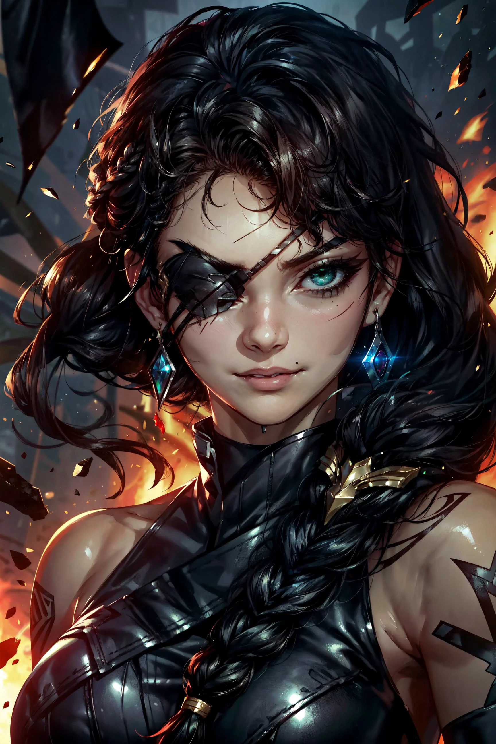 (portrait:1.2),1girl,(30 years old woman),<lora:samira-000033:0.8> samira \(league of legends\),braid,long hair,black hair,tattoos,arm tattoo,black leather croptop,(brown skin:1.2),mouth mole,mole in mouth,(eye patch:1.3),green eye,jewelry,smug, smirk,arrogant expression,agressive expression,agressive face,(angry),(grin widely),superior look,(gesugao),sadistic smile,gesugao expression,fire background,ruins,fire,masterpiece,extremely detailed CG unity 8k wallpaper, best quality,32k,focus sharp, <lora:add_detail:0.8>, <lora:Light and Shadow:0.6>, <lora:sharp_eyes:0.6> sharp_eyes