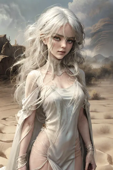 highly detailed, masterpiece, cowboy shot, ghostly girl with long white hair blowing in strong wind, evil smirk, milk white skin, sheer white dress, sheer white cape, air elemental, ethereal girl, silver jewelry with pearls, dark sky, hurricane, tornado, storm, heavy wind, (dust devils:1.2), (desert sandstorm:1.4) in background, thin body <lora:sharp_eyes:1.2>sharp_eyes