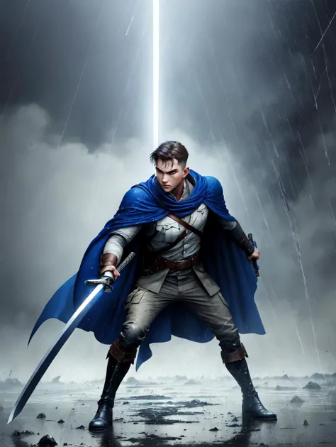 <lora:Weapon2:1> <lora:sharp_eyes:0.8> best quality, World war 1, concept art, 1boy, 28 years old, solo, KatanaOneHand, holding katana, strike pose, blade right hand, slim build, spiky hair, grey coat, blue cape, (steel chestplate, shoulder pads:0.7), brown leather knee boots, rain, puddles,