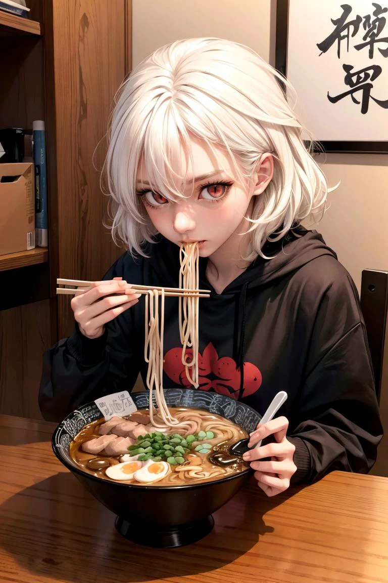 <lora:add_detail:0.5> 1girl, (medium hair:1.1), (messy hair:1.2) (white hair:1.1) (hair over eyes:1.2), <lora:sharp_eyes:0.4> (sharp eyes:1.1) (bright red eyes:1.3), (snake eyes:1.1) <lora:snake-eyes:1.0>, wear (oversized black hoodie:1.1), seated (eating ramen with chopsticks:1.1) <lora:ramen_v1.4:1>