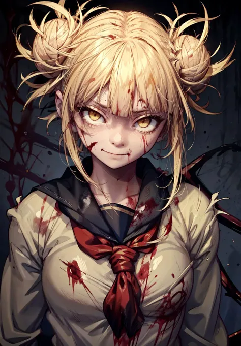 1girl,himiko toga,toga,two buns,blonde hair,messy hair,(yellow eyes),school uniform,serious face,sharp eyes,intese glare,face,head,(closeup),night,street,darkness,(blood splatter:1.4),blood splatter on face,serious eyes,expresionless eyes,(smile),psycho smile,from the front,looking at viewer,facing viewer,masterpiece,extremely detailed CG unity 8k wallpaper, best quality,32k,focus sharp, <lora:TogaHimikoLoRA:0.8>, <lora:sharp_eyes:0.8>, <lora:add_detail:0.9>, <lora:Light and Shadow:0.6>