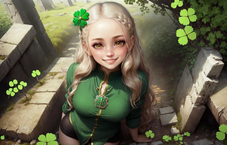 (strawberry:1.25), (1girl:1.5), extremely detailed beautiful face, extremely detailed beautiful eyes, (nose blush:1.4), (evil grin:1.3), small open smile, <lora:sharp_eyes:0.75> sharp_eyes, <lora:SleePeace3_LECO:4> (sleepeace:1.2), looking at viewer, ((pixar style:0.8) 26 year old (irish girl:1.2), (short:1.3), (petite:1.3), (chubby:1.2), (soft:1.2), (cute tiny nose:1.3), (medium breasts:1.4), dimples, freckles, shiny platinum hair, long wavy ombre hair style, glittering gold eyes, (wide hips:0.8), thigh gap), <lora:add-detail-xl:0:hr=0.5><lora:Add Detail:0:hr=0.5><lora:Add More Details:0:hr=0.5>, <lora:m99_bellybuttonremover_1:0.5>, wearing irish green clothing, clovers, shamrock, (celtic:1.3), (background scene of ancient Celtic ruins in a lush irish forest:1.2),