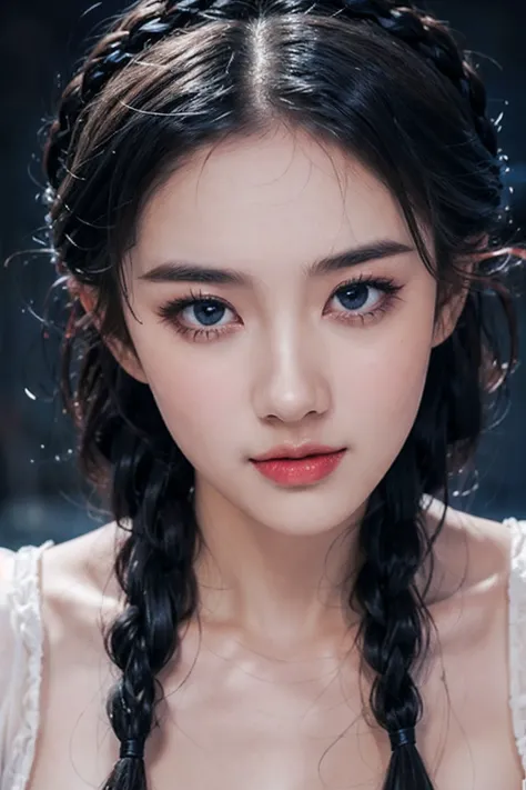 1girl,solo,(bright red lips,blush:0.9),(huge breasts,(sagging breasts)),pose,nsfw,nude,nude nipples,twin braids,braided,happy,smile,close-up,upper body,(pureerosface_v1:0.5),looking at viewer,<lora:xiaolongnv_cosplay_v1:0.5>,(mole under eye:0.7),blue eyes,<lora:sharp_eyes:0.5>,sharp_eyes,(bright red lips:0.8),(blush:0.6),
<lora:add_detail:0.33>,(dslr),night,in dark,dark theme,
masterpiece,official art,best quality,ray tracing,volumetric light,realistic,photorealistic,ultra highres,vivid,zydG,tianfeng1,
