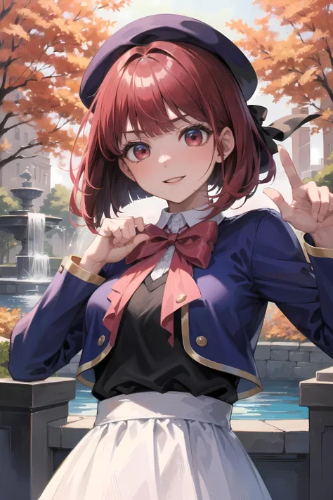 (masterpiece, best quality, glowing light, glistening, shiny skin, ultra detailed, detailed background, complex background),(perfect face, detailed face, detailed eyes,perfect hands,perfect fingers), (medium boobs:1.2,smile),(mature female:1.4),cowboy shot,thicc,
kana,short hair,((gradient hair)),multicolored eyes, gradient eyes, (glowing eyes:1.1), mascara, (fashion make up), parted lips,skirt, shirt, long sleeves, hat, bow,school uniform, jacket,collared shirt, bowtie, red bow,white skirt, blue jacket,blue headwear,
((park, fountain, leaves in the air, wall, autumn, trees)),((super detailed background)), dynamic poses, ((8k wallpaper)) , <lora:Kana:1>