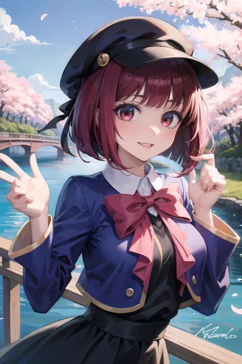 (masterpiece, best quality, glowing light, glistening, shiny skin, ultra detailed, detailed background, complex background),(perfect face, detailed face, detailed eyes,perfect hands,perfect fingers), (medium boobs:1.2,smile),(mature female:1.4),cowboy shot,thicc,
kana,short hair,((gradient hair)),multicolored eyes, gradient eyes, (glowing eyes:1.1), mascara, (fashion make up), parted lips,skirt, shirt, long sleeves, hat, bow,school uniform, jacket,collared shirt, bowtie, red bow,white skirt, blue jacket,blue headwear,
((middle of japanese countryside,japanese bridge,over the bridge,river,cherry trees,cherry petals,dark blue sky)),((super detailed background)), dynamic poses, ((8k wallpaper)) , <lora:Kana:1>