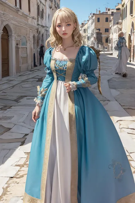 ((masterpiece)), (best quality), official art, extremely detailed CG, unity 8k wallpaper, ultra detailed,
1girl, blonde hair, blue eyes, blue dress, golden embroidery, standing ,
wearing edgRenaissance,
(bright sunny day, outdoors, strolling, renaissance italian architecture, venice),
<lora:edgRenaissanceDress1:0.8>