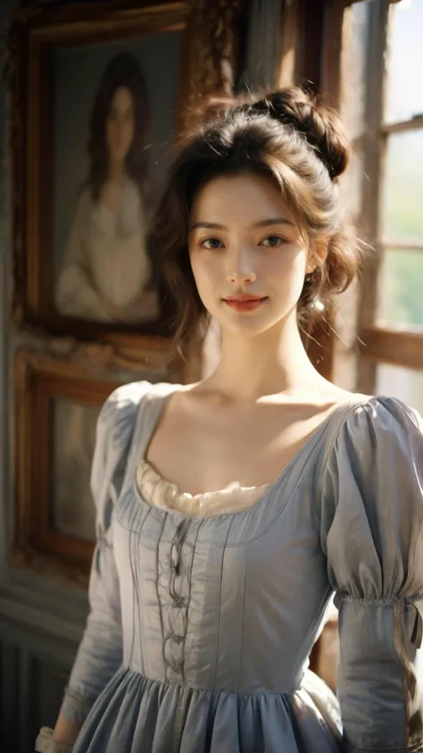 (Realistic),masterpiece,best quality,cinematic lighting,natural shadow,highest detail,looking at viewer,Long Shot,
edgRenaissance,1girl,photo of a cute girl,light smile,charming,20yo,Messy Bun Hair.side undercut,wearing gray edgRenaissance,Ruffle,Velvet,Ribbon,dynamic pose,
<lora:edgRenaissanceDress1:0.8>,
<lora:add_detail:1>,<lora:rinko_20231004041754:1>,